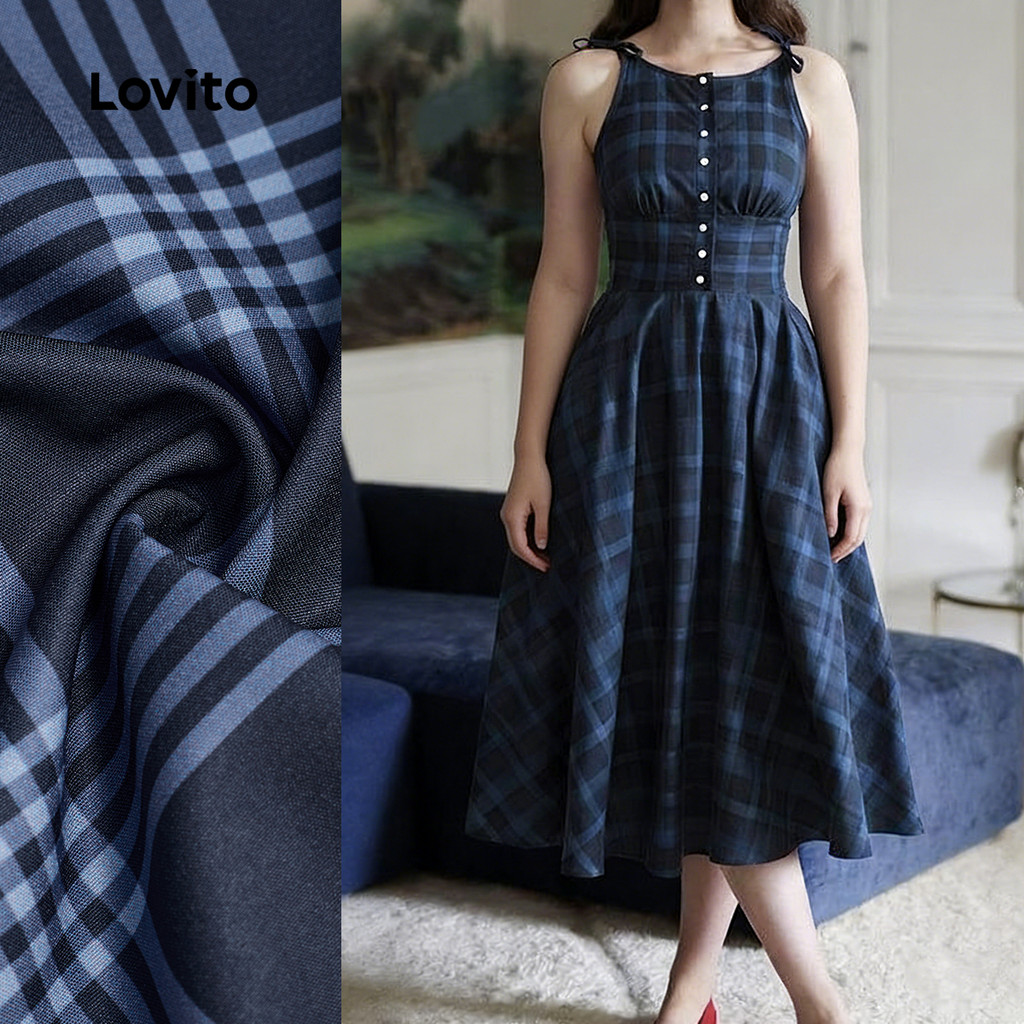 Lovito  Vestido Feminino Azul Marinho com Botão Frontal - Elegante para Primavera/Verão L172LD1313 em Oferta na Shopee