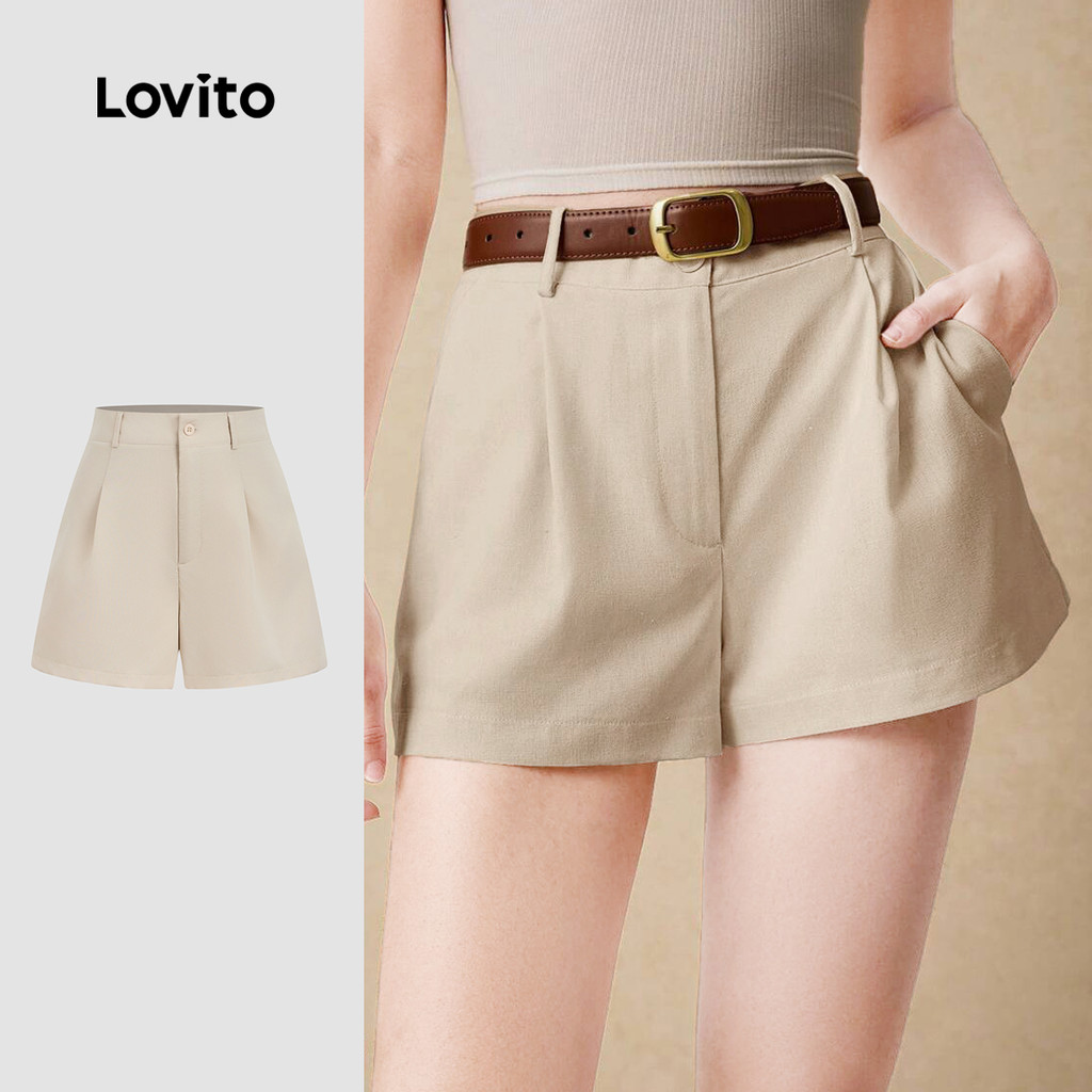 Lovito Shorts Casuais Simples Primavera/verão para Mulheres em Khaki L165ED1029 em Oferta na Shopee