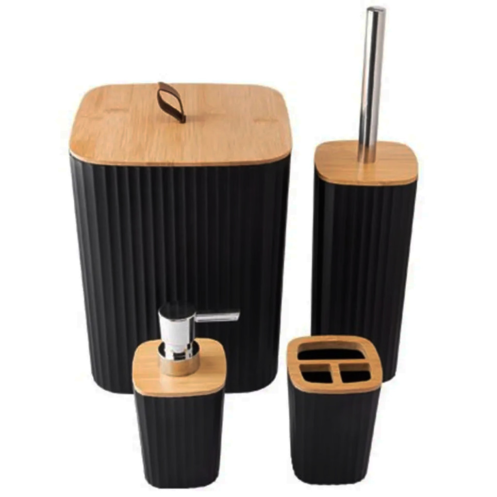 Kit Banheiro Conjunto Acessórios Banheiro Lavabo Bambu 4 Peças Quadrado Completo Preto Tippi