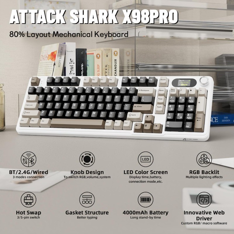 Teclado Mecânico Sem Fio Tri-Modo Attack Shark X98PRO, Intercambiável, Hot-Swappable, com Retroiluminação RGB, Knob
