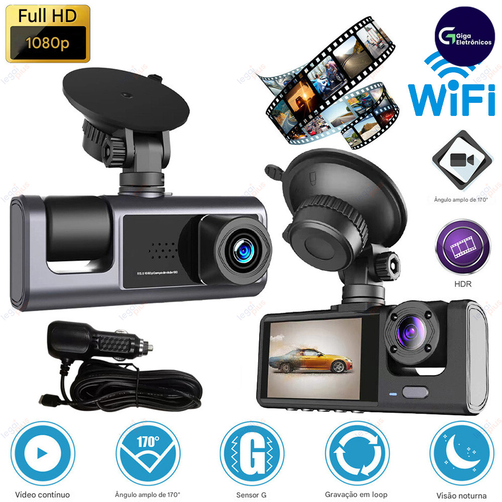 Câmera de Segurança Veicular com Wi-Fi - Tripla Lente em HD 1080P para Monitoramento Comp…
