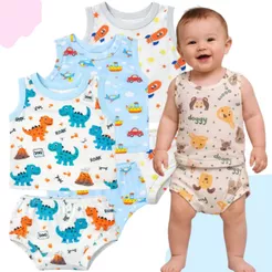 Kit 3 Conjuntos Verão Bebê Menino Regata e Tapa Fralda Estampado 100% Algodão Roupinha Infantil 0 a 12 Meses Calor