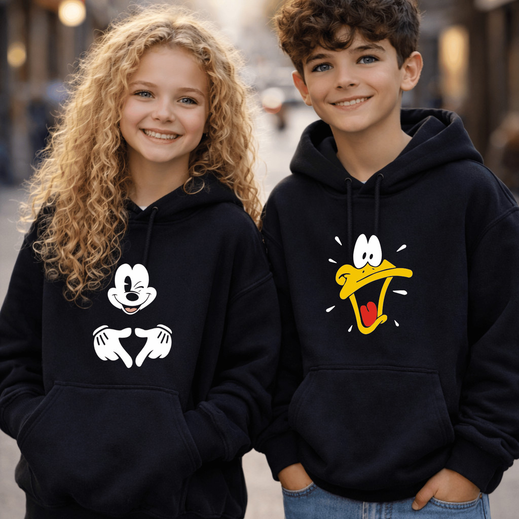 Kit 2 Blusas Moletom Flanelado Infantil e Adulto Patolino e Mickey Cartoon