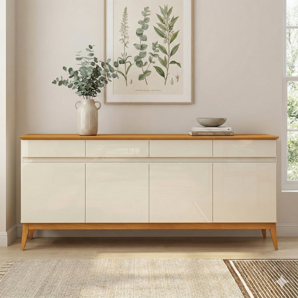 Buffet Aparador 187cm com 4 Portas e 4 Gavetas em MDF Cedro Magnum Premium Off White/Cedro em Oferta na Shopee