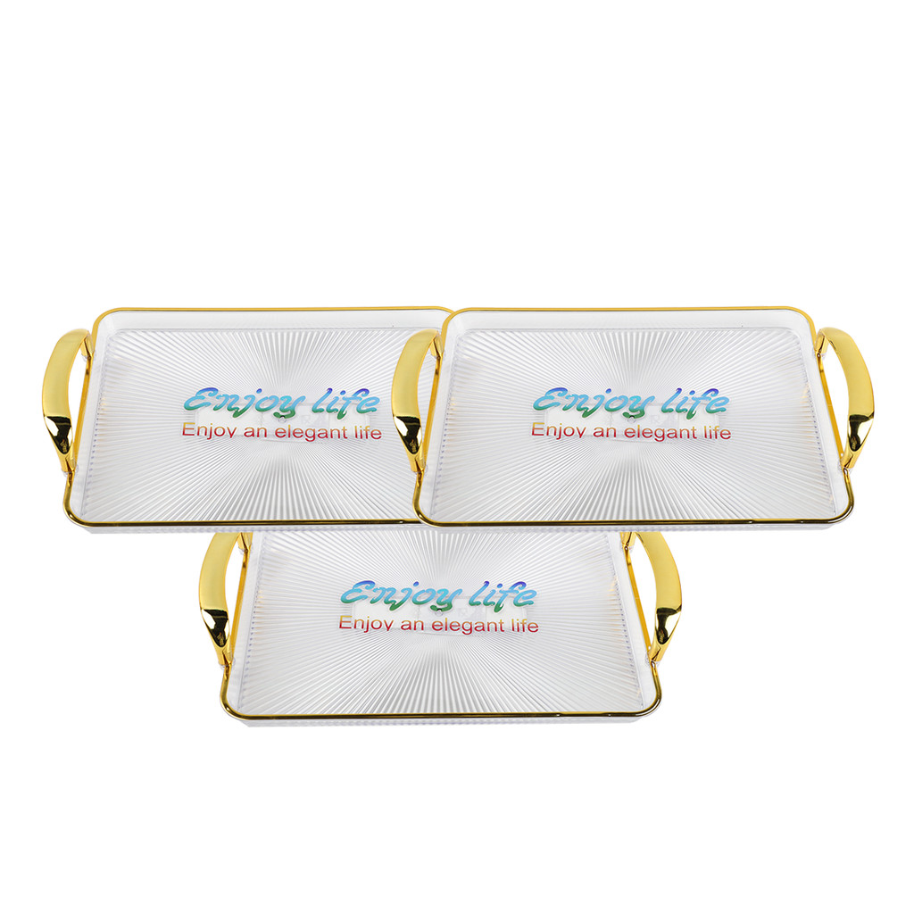 Kit 3 Bandeja Acrílica 32cm Multiuso Decorativa Alças Bebida Cozinha Aparador Fruta Doce Mesa Lanche