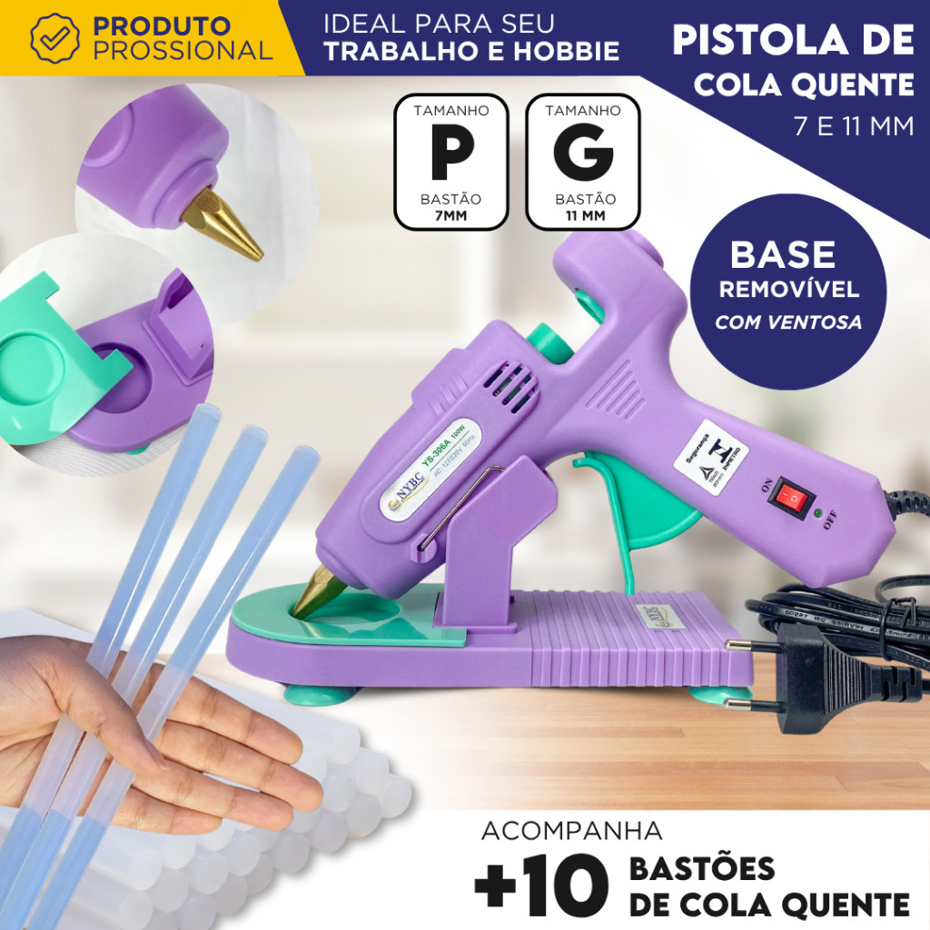 Pistola de Cola Quente Profissional 7mm e 11mm com Botão Liga Desliga + 10 Bastões | Base com Ventosa em Oferta na Shopee