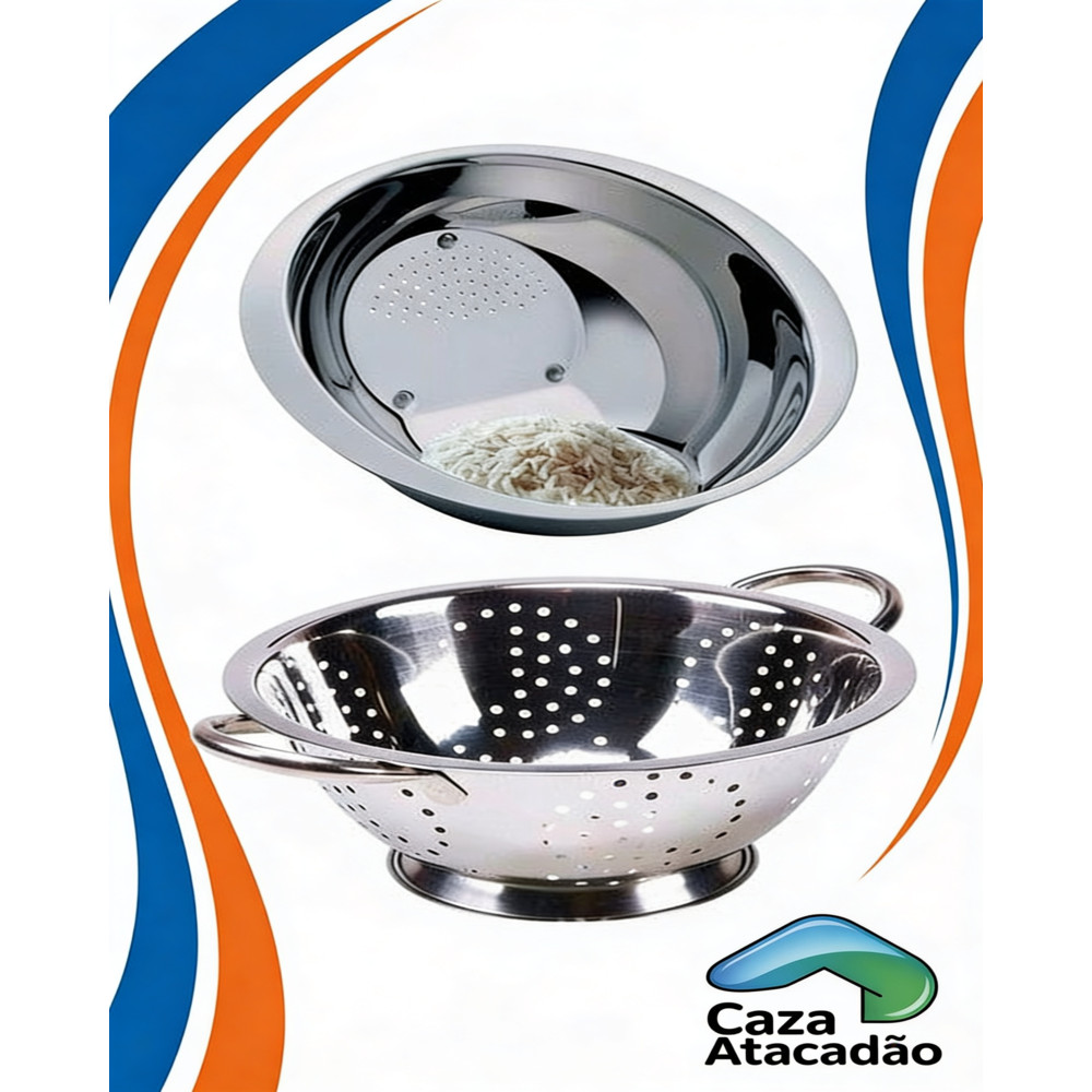 Kit Conjunto Escorredor De Massa e Macarrão 24cm com Alça em Inox + Lavador de Arroz 25cm em Inox