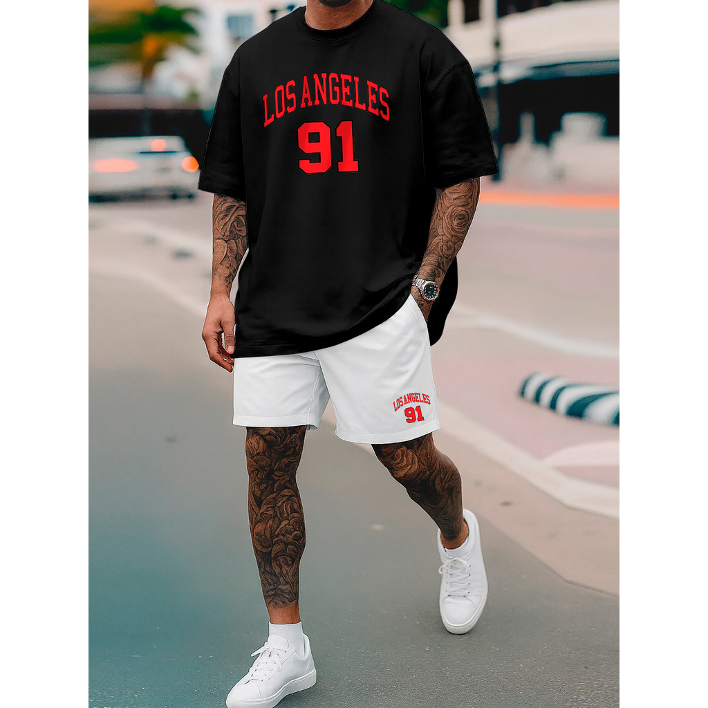 Camisa Kit Camiseta Oversized e Short Tactel Masculino Streetwear Los Angeles 91 Camisa Algodão Premium 26.1