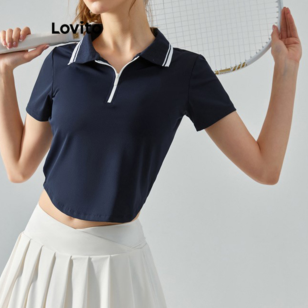 Lovito Camiseta Esportiva Sporty Simples com Costura Contraste para Pickleball Golfe e Tênis para Mulheres LNL75022