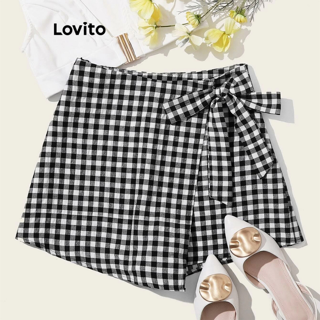 Lovito Shorts Casuais Xadrez Com Cadarço Para Mulheres L99ED684 em Oferta na Shopee