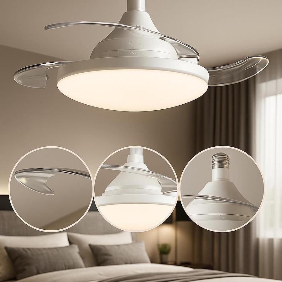 Ventilador Retrátil Silencioso 120w Bivolt 3 hélices Lâmpada de Teto  LED 3 cores com Controle