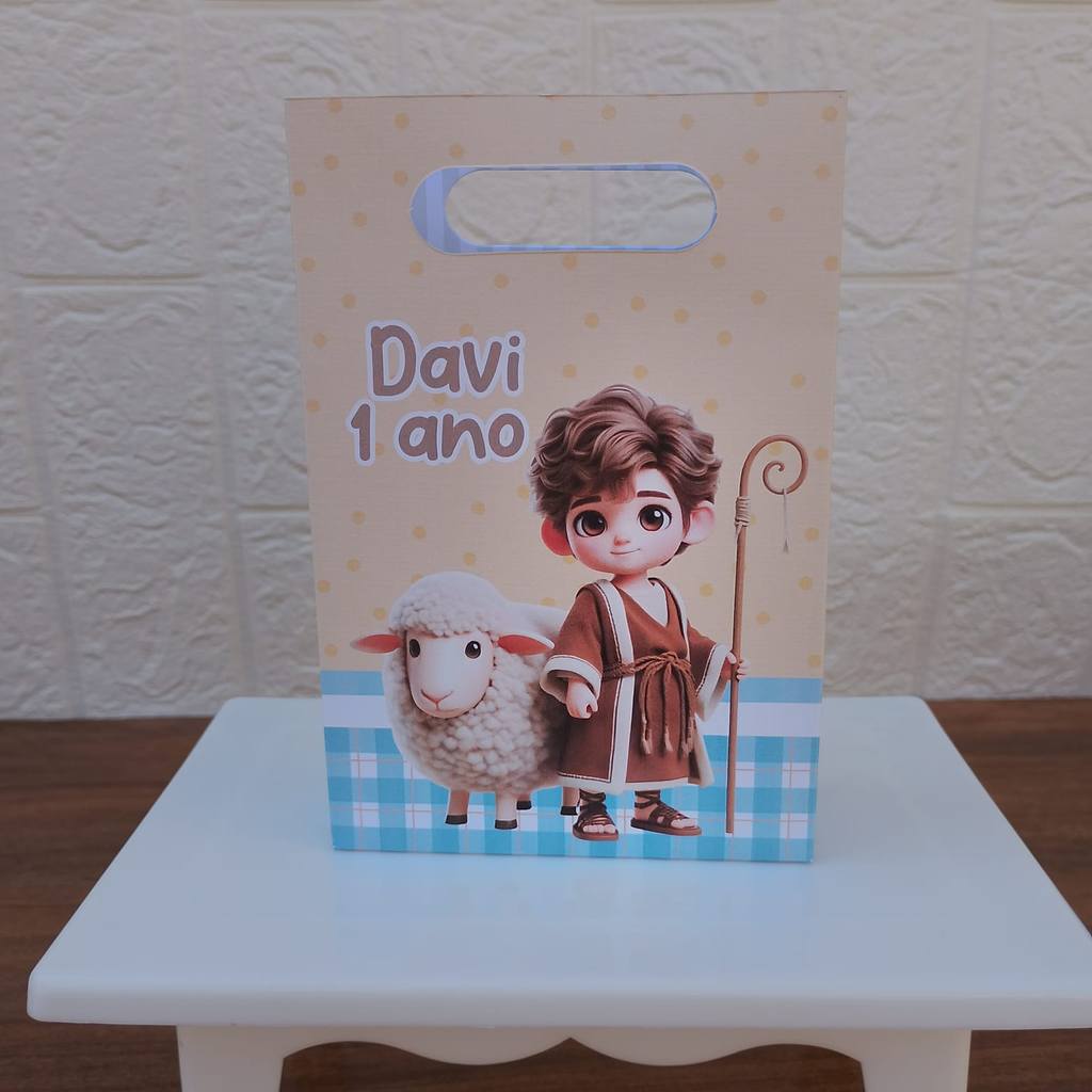 PEGUE E MONTE FESTA ANIVERSARIO Lembrancinha Sacolinha PP Personalizada Boca de Palhaço DAVI E GOLIAS