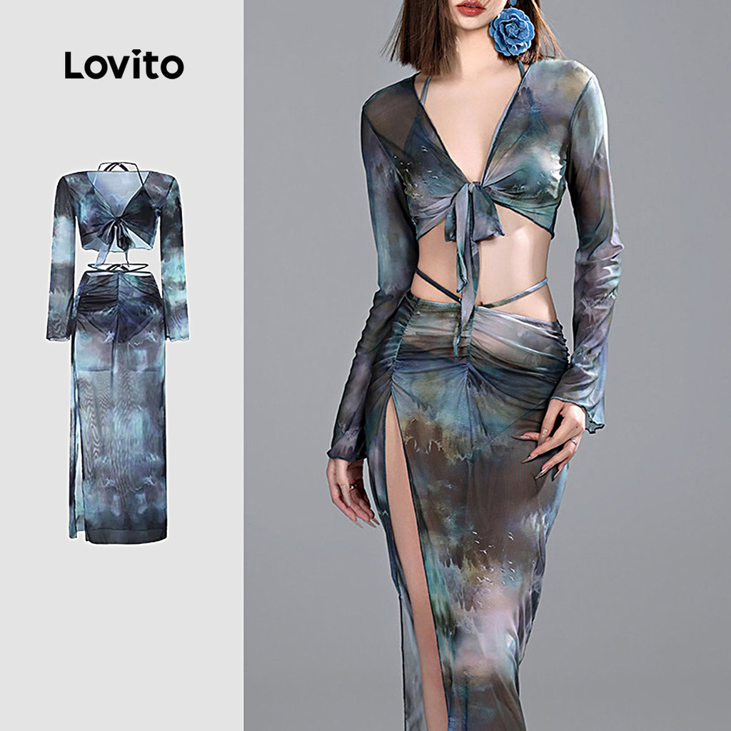 Lovito  Conjuntos de Biquíni Sexy 4 Peças Conjunto Padrão Amarrar Biquíni Primavera/verão para Mulheres LNE134031 em Oferta na Shopee