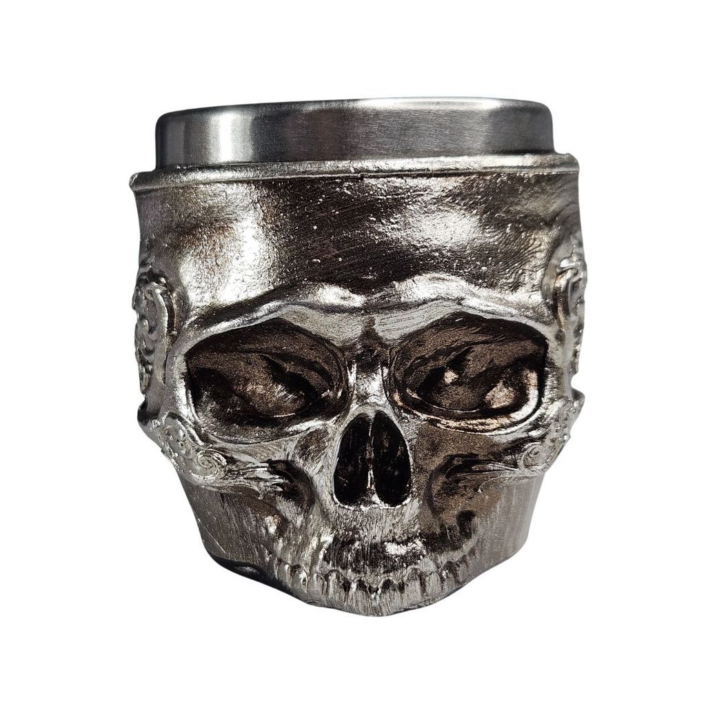Copo De Shot Colecionável Decorativo Medieval Geek Crânio Caveira Prateado 50ml Em Resina