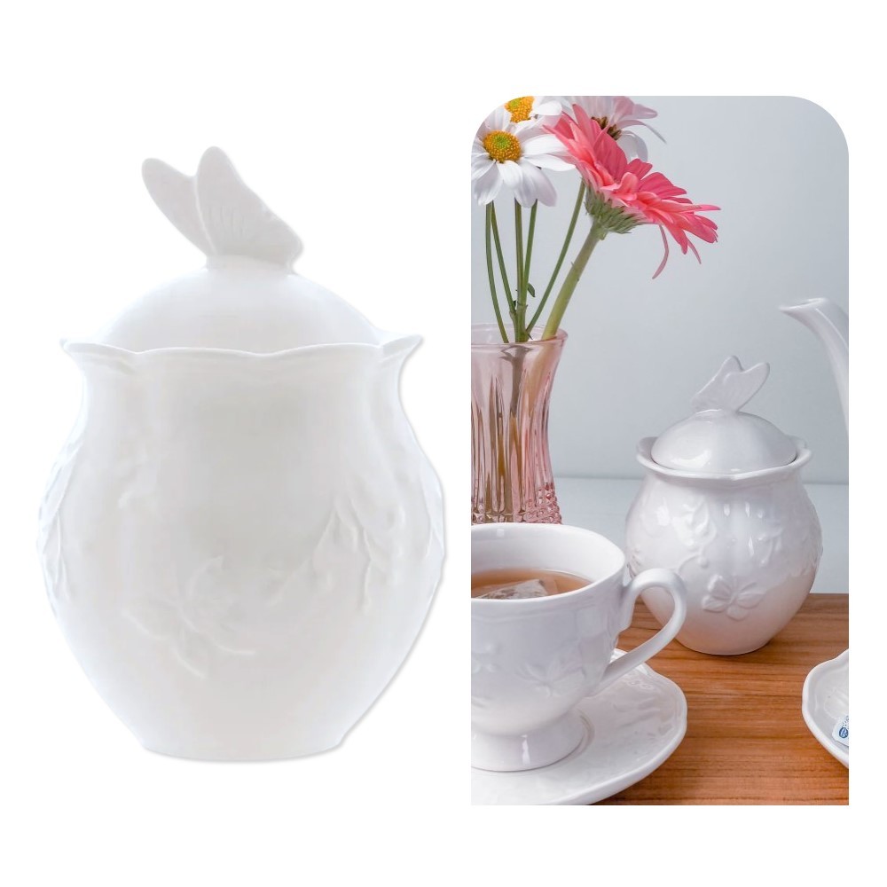 Açucareiro de Porcelana com Tampa Branco New Bone Butterfly Borboletas Flores 13cm Lyor