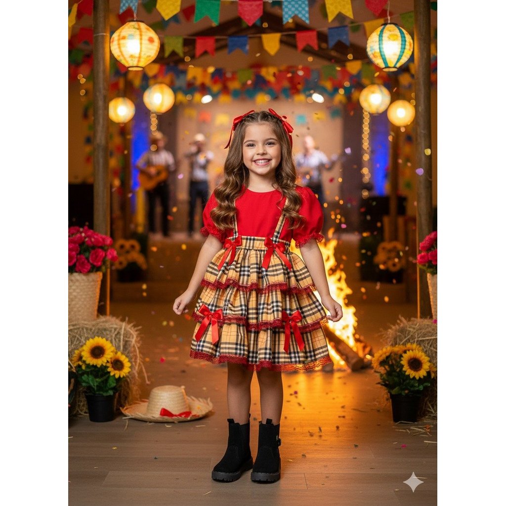 Vestido Infantil Juvenil Menina Conjunto Junino Festa Junina Camisa Vermelha Caipira Luxo Do 1 Ao 16