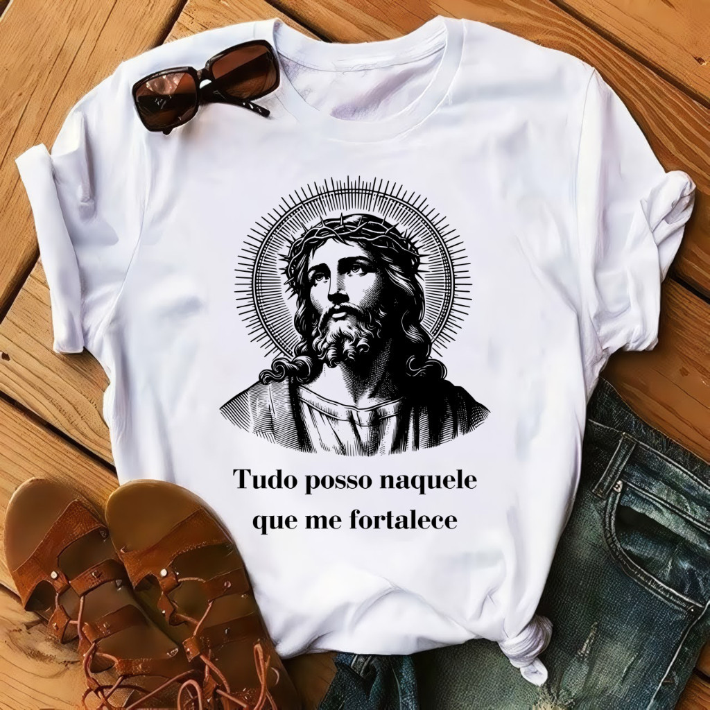 Camiseta Camisa Algodão Camisa Linda Camiseta Jesus Cristo Tudo Posso Naquele Que Me Fortalece Modelo Unissex Envio Rapi