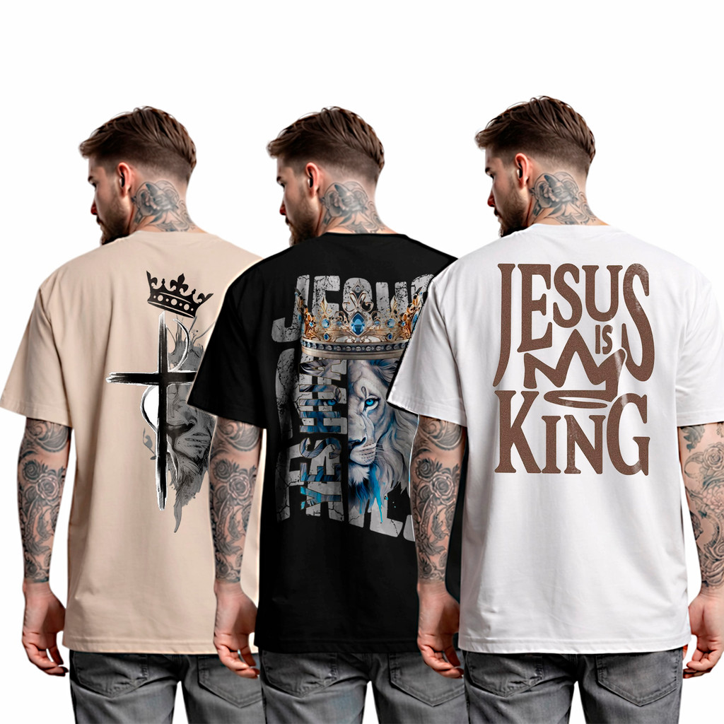 Kit 3 camiseta masculina estampada 100% algodão 30.1 premium religiosa jesus em Oferta na Shopee