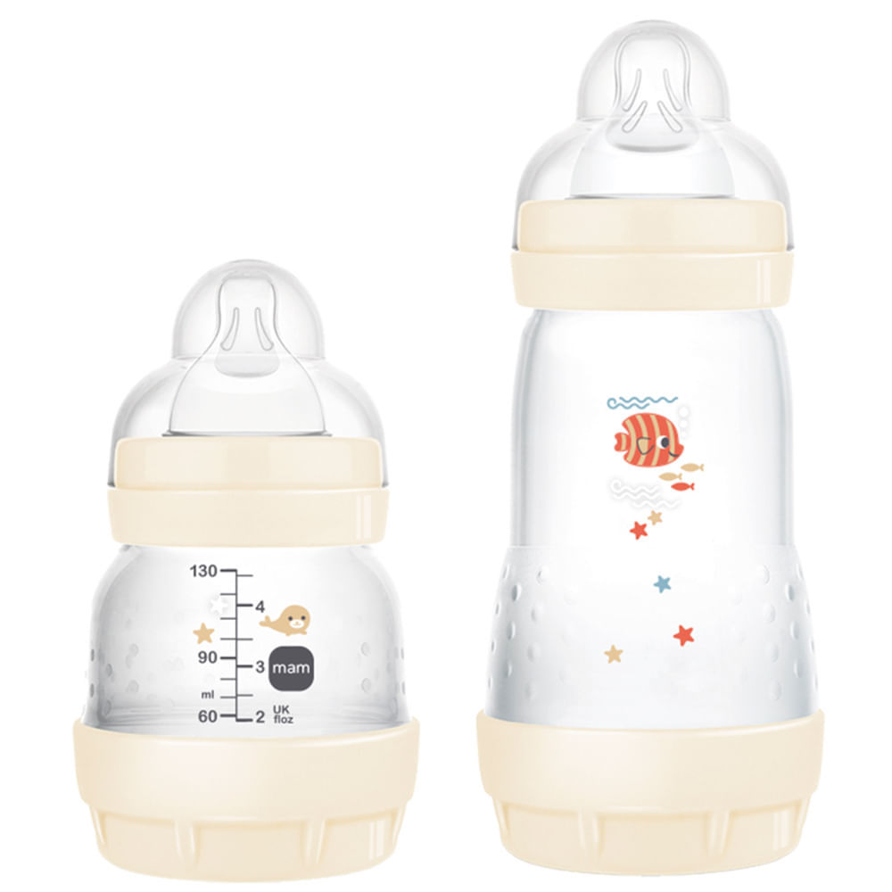 Kit Mamadeira MAM Easy Start Starter Set Anticólica 130ml e 260ml Cor Neutra Desenhos Sortidos 2 Unidades