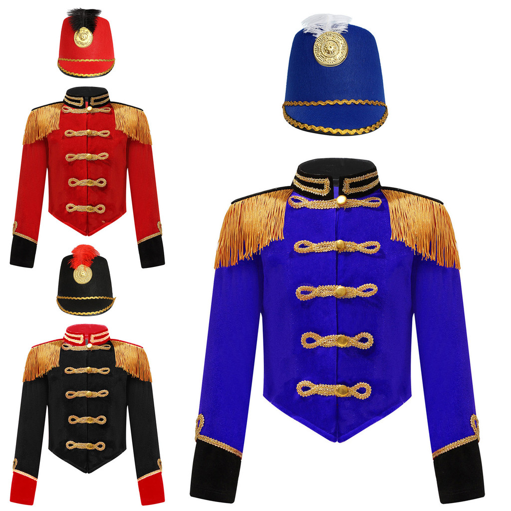 Crianças Meninas Circo Ringmaster Traje Baterista Cosplay Desempenho Gola Manga Longa Franja Epaulet Jaqueta E Chapéu Co