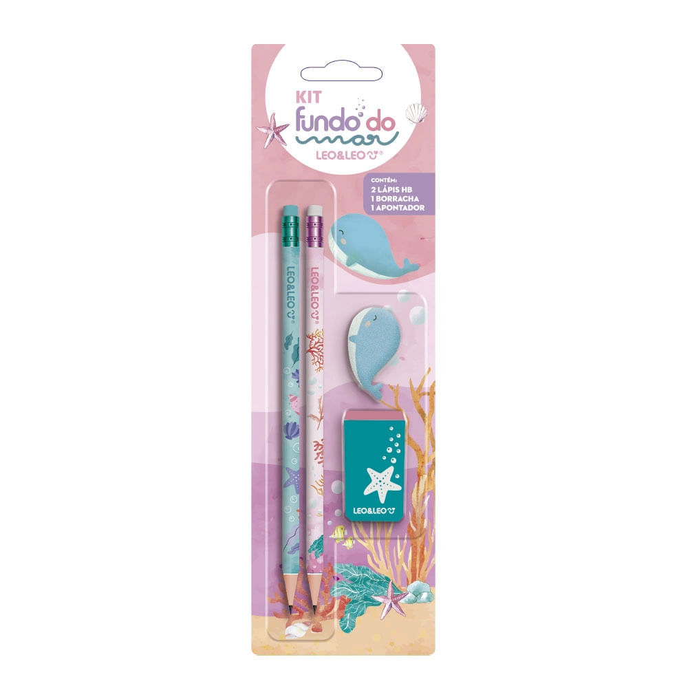 Kit Escrita Leonora Fundo do Mar com 2 Lápis Grafites HB Nº2, 1 Borracha e 1 Apontador