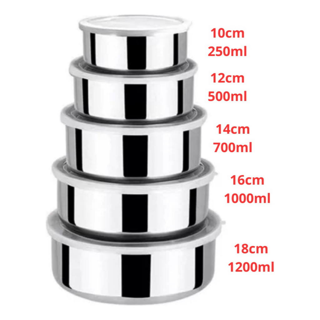 Jogo 5 Potes Tigelas em Inox Alumínio Com Tampa Redondo