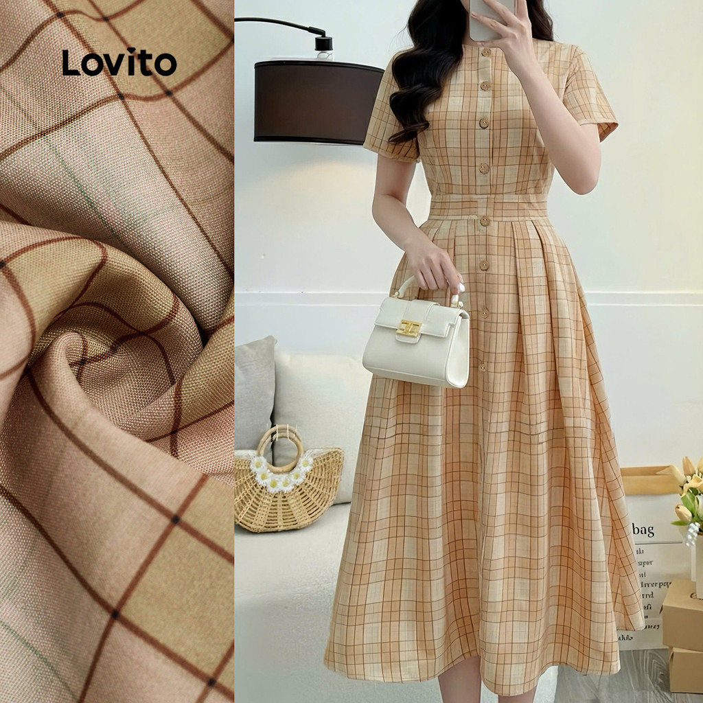 Lovito  Vestido Elegante Botão Frontal Zíper Primavera/verão Vestido Cáqui para Mulheres L172LD1410 em Oferta na Shopee