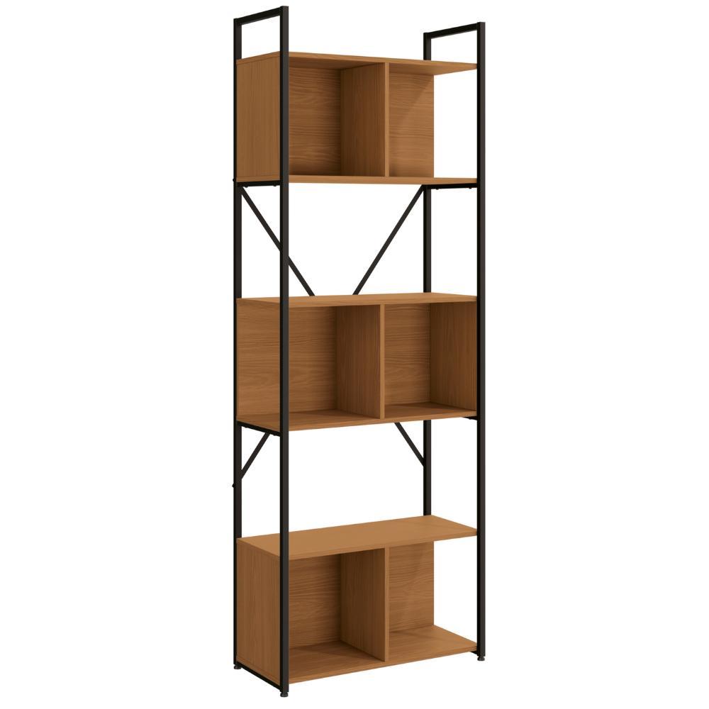 Estante para Livros Livreiro 6 Prateleira 3 Nichos Kappesberg Industrial 200cm Cor Canela/Preto