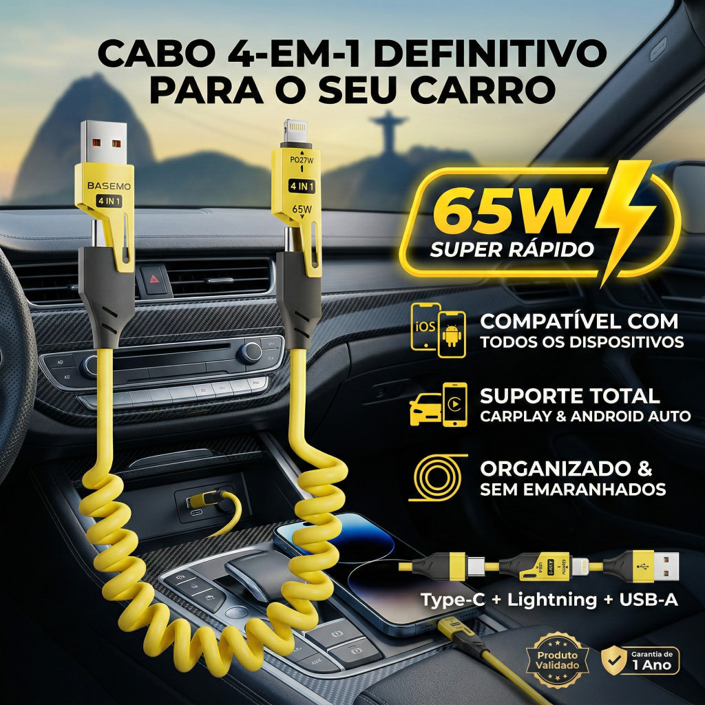 Cabo 4 Em 1 Retrátil Turbo 65W Tipo C Lightning USB iPhone Android 1.5M