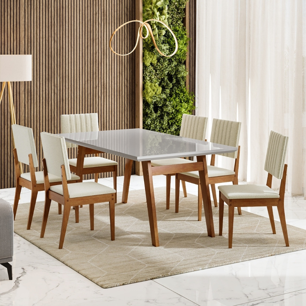 Conjunto Sala de Jantar Mesa 154cm com Tampo de Vidro Onix com 6 Cadeiras Milão Madetal