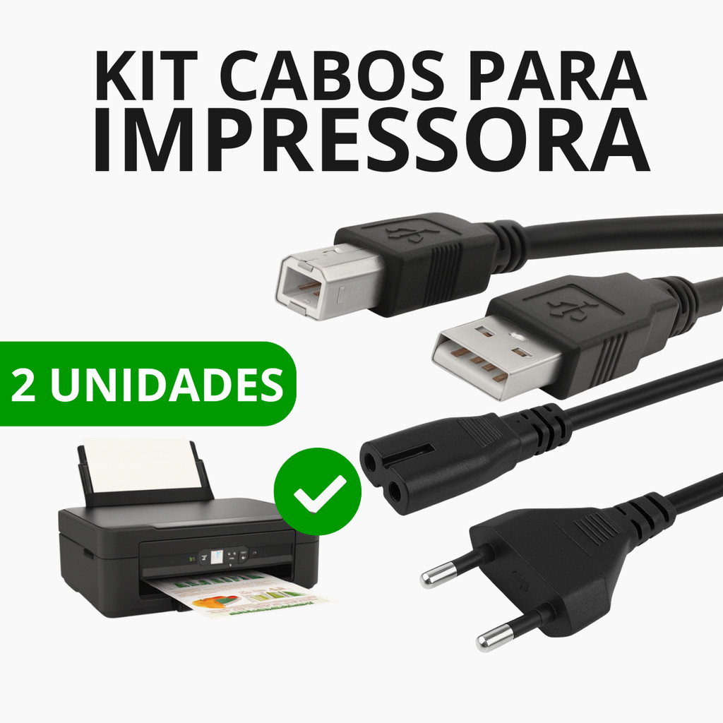 Kit Cabo USB 2.0 A/B 1,5m e Cabo Energia 2 Pinos 1,5 m para Impressora Compatível  Principais Marcas