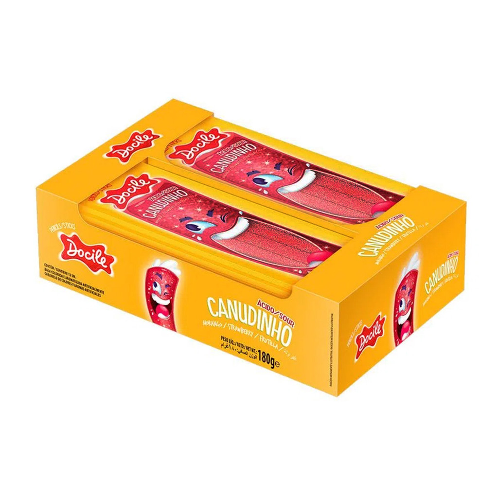 Display Bala Canudinho Ácido Morango 180g Docile 12x15g Doce Festa