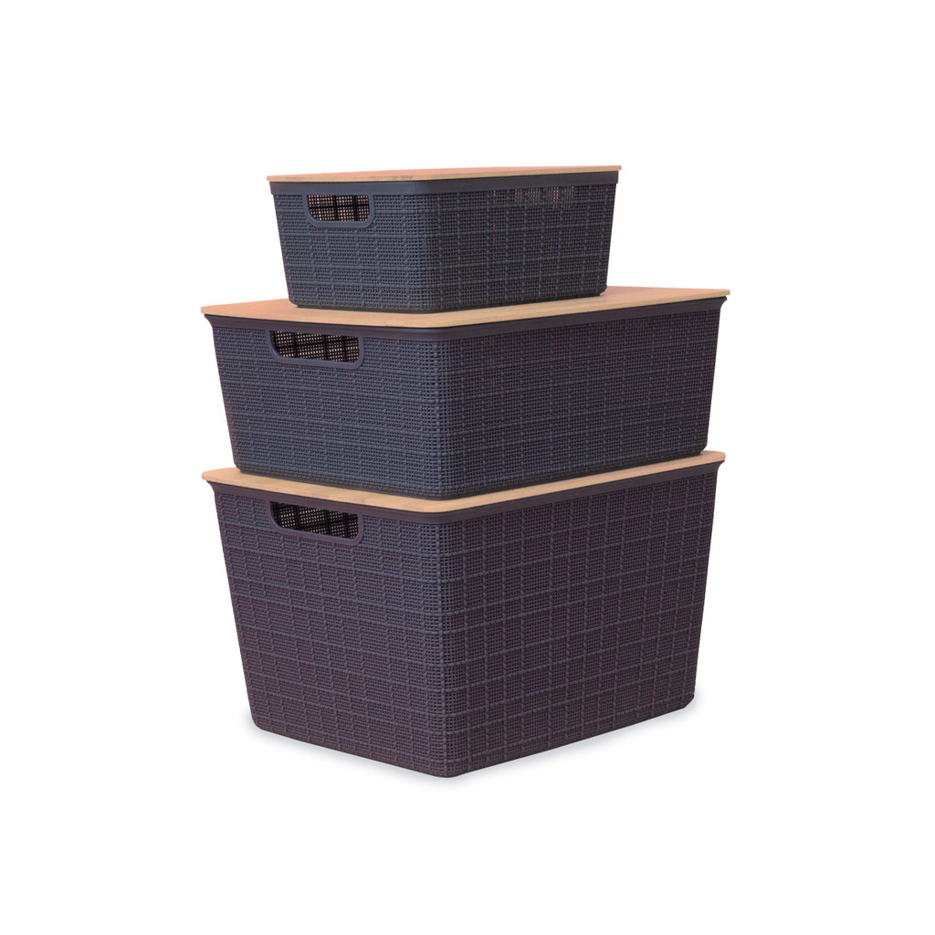 Kit 3 Caixas Organizadoras Cinza C/ Tampa Bambu - P,M E G Oikos