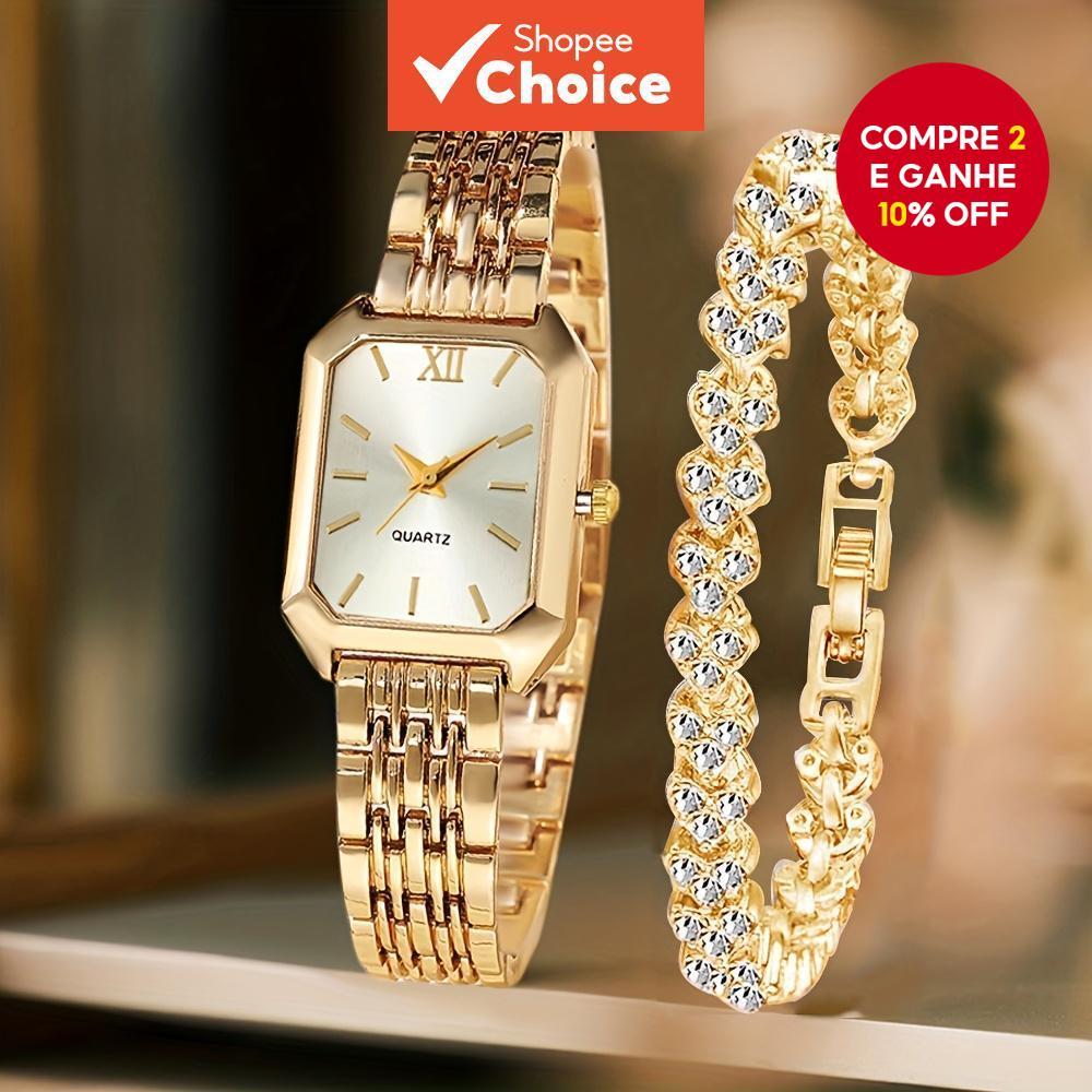 2 Unidades De Relógio De Quartzo Feminino Retangular Fashion E Conjunto De Pulseira De Strass em Oferta na Shopee