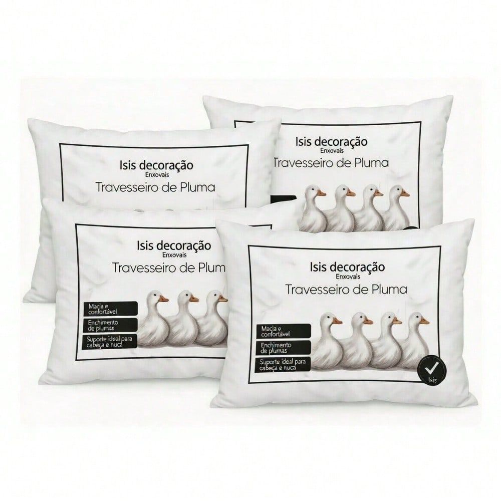 Kit 4 Travesseiros Plumas de Ganso Sintéticas Luxuoso toque de  Hotel Suporte Baixo tecido Micropercal Macio 50x70cm