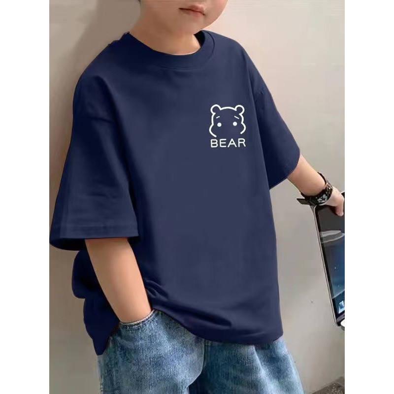 Algodão puro crianças meninos verão simples manga curta médio grande crianças 2025 novo estilo moda urso camiseta roupas