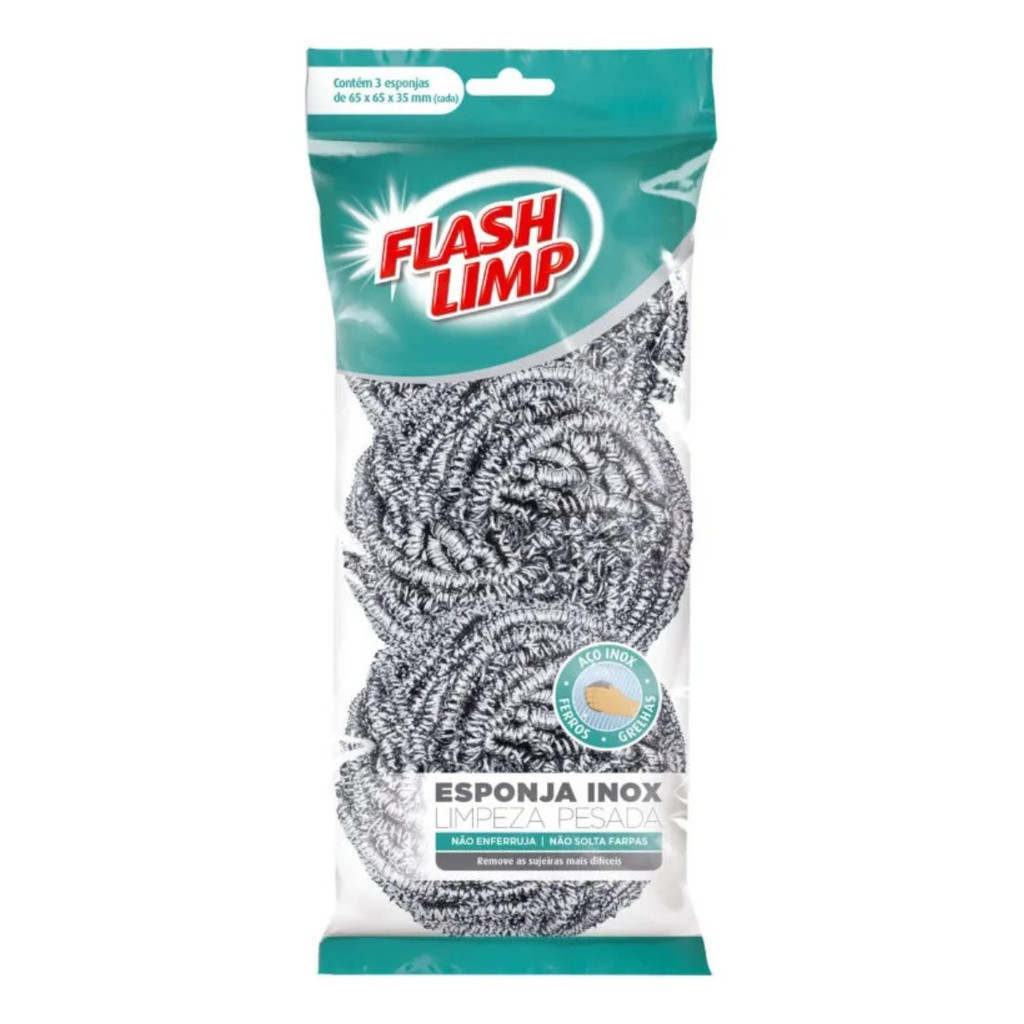 ESPONJA INOX LIMPEZA PESADA FLASH LIMP 3 PEÇAS FLASH LIMP