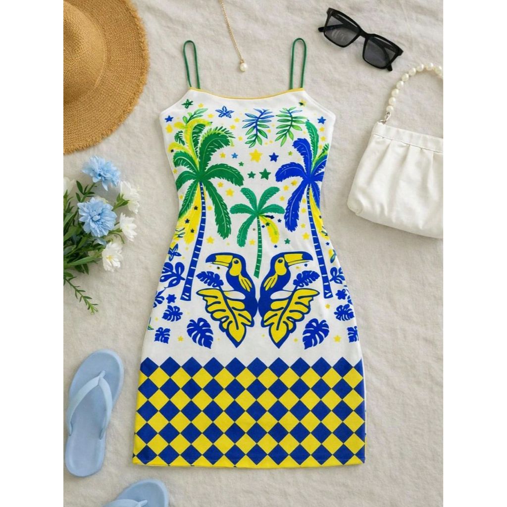 Vestido Ajustado Estampa Tucanos e Palmeiras Estilo Praia Primavera e Verão Copa Do Mundo 2026