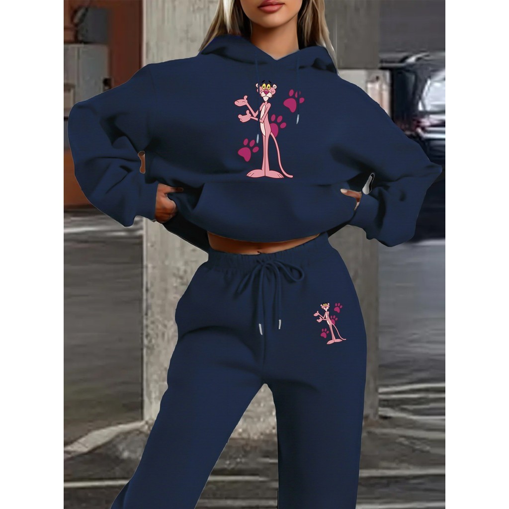 Conjunto de Moletom com Capuz e Calças de Manga Longa, Conjunto Casual de Outono/Inverno para Desenho Animado Panther