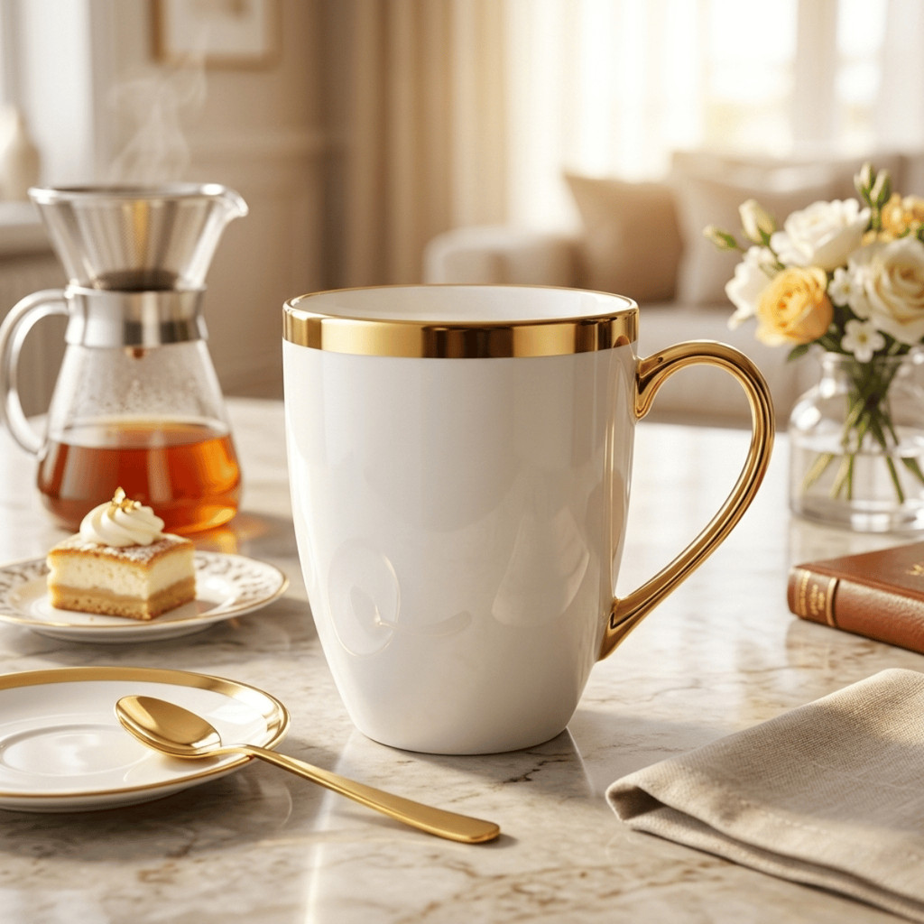 Caneca Porcelana 300ml Dourada Luxo - Strong / Xícara Estampa e Listra / Café, Chá / Mesa Posta