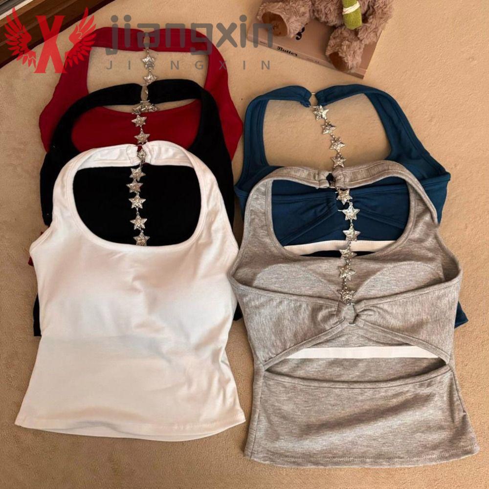 JIANGXIN Tops Curtos Ocos Nas Costas , Alça Estrela Com Almofadas No Peito , Camisola Sem Mangas , Top Crop Slim Y2k Str
