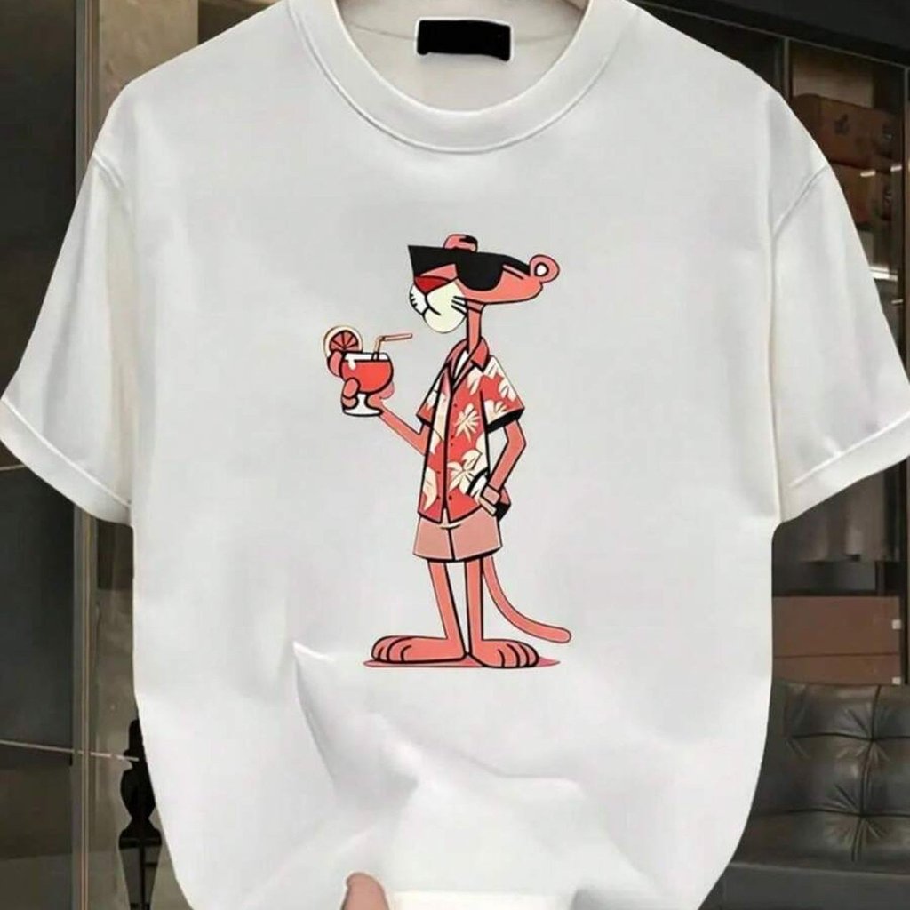 Camiseta Básica Casual de Gola Redonda Masculina, Estampada com Pantera Estilosa -