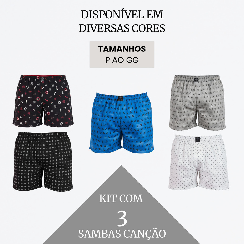 Kit Com 3 Samba Canção Masculina Tecido Leve Elástico