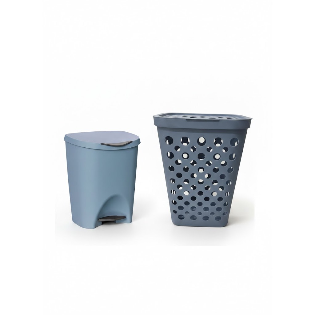 Kit Lixeira e Cesto Azul de Plástico Resistente Grande Usual para Cozinha e Áreas de Serviço