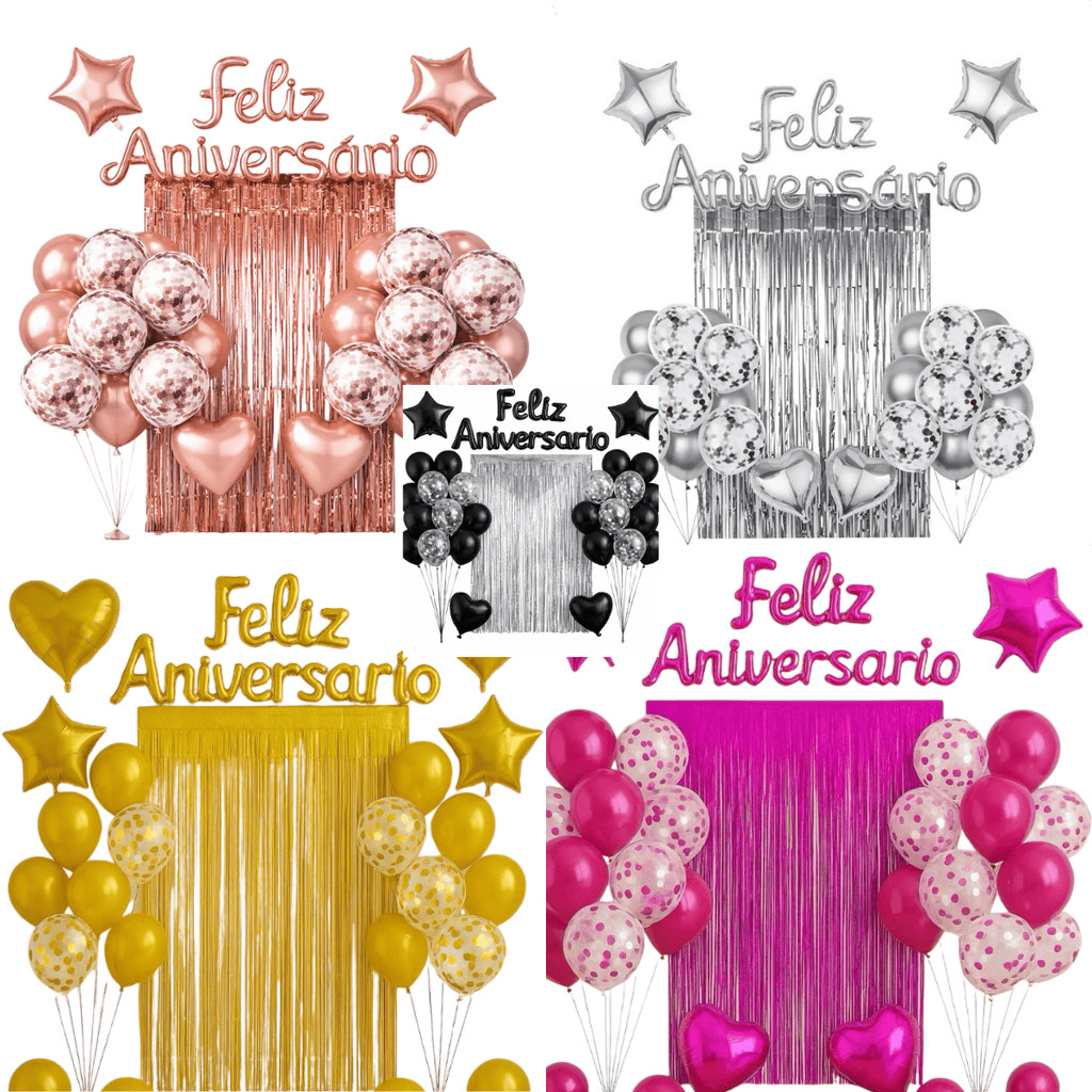 Kit Festa Balão Metalizado Cortina Bexiga Feliz Aniversário Decoração de Festa Completa em Oferta na Shopee