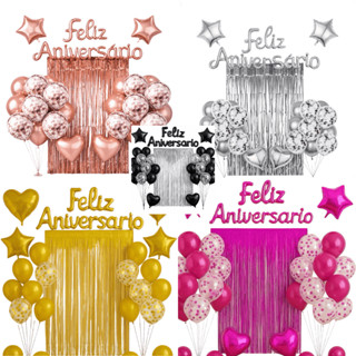 Kit Festa Balão Metalizado Cortina Bexiga Feliz Aniversário Decoração de Festa Completa em Oferta na Shopee