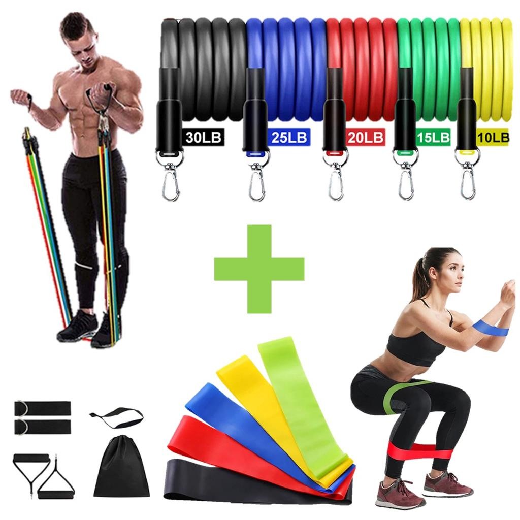 Kit Extensores Elástico + Mini Band Para Ginástica Treino Musculação Yoga Pilates