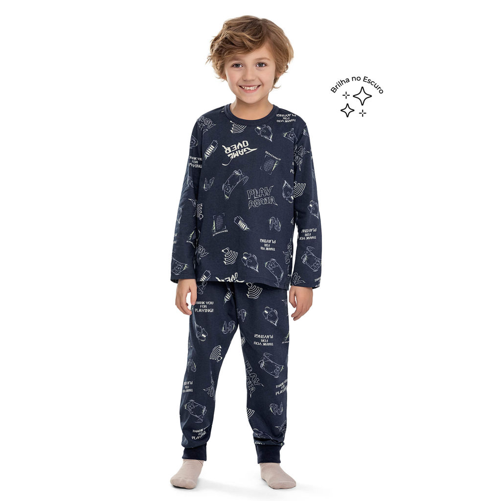 Pijama Longo Infantil Menino Gamer Elian Azul em Oferta na Shopee