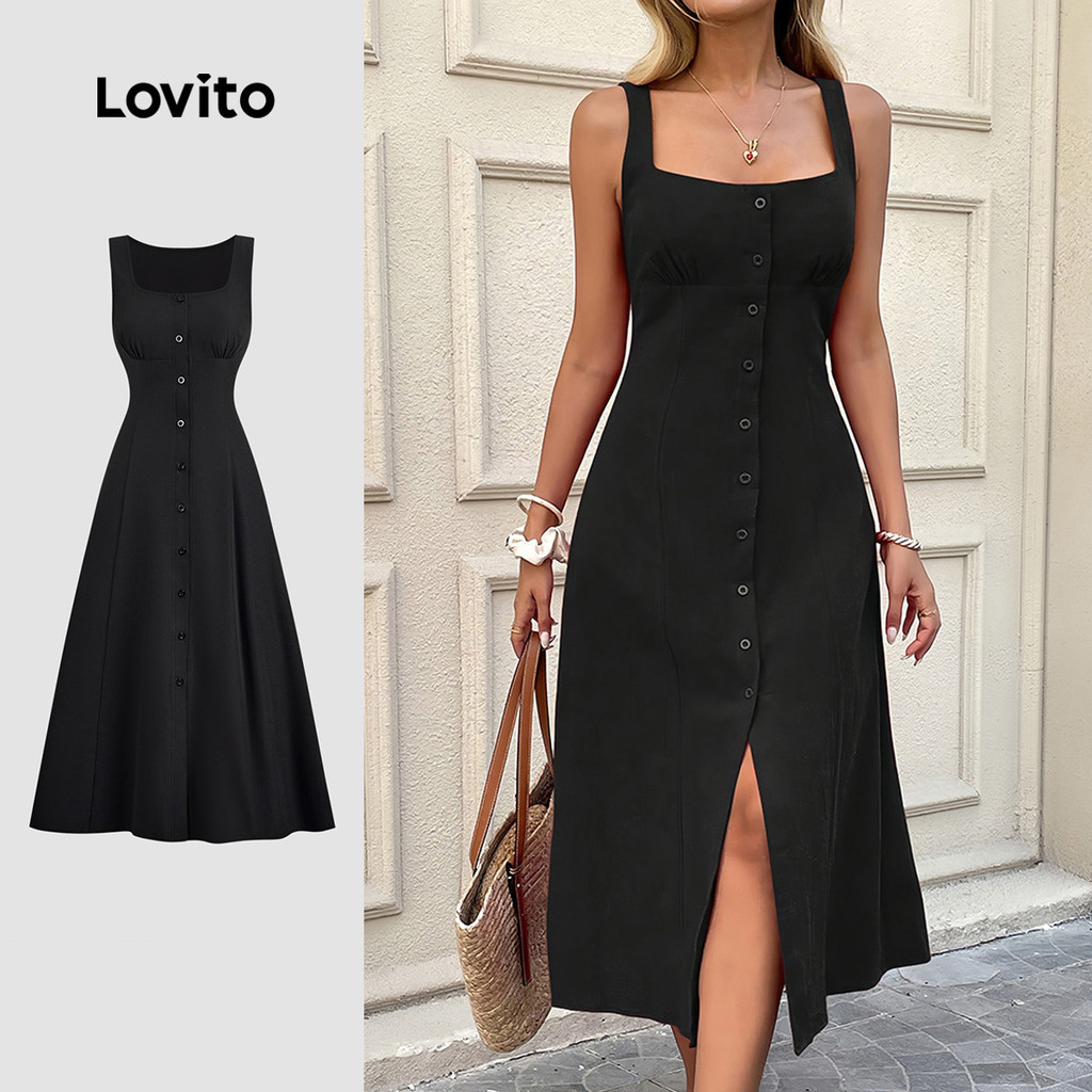 Lovito Vestido elegante com botão frontal e amarração nas costas, vestido preto primavera/verão para mulheres LBL32306 em Oferta na Shopee