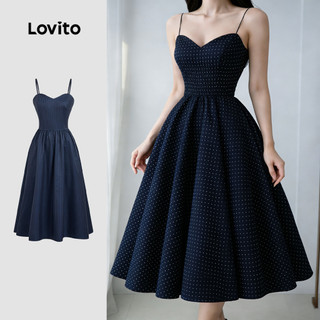 Lovito Elegante Vestido com Zíper Estilo Preguiçoso Francês Azul Marinho Primavera/verão para Mulheres LBL33038